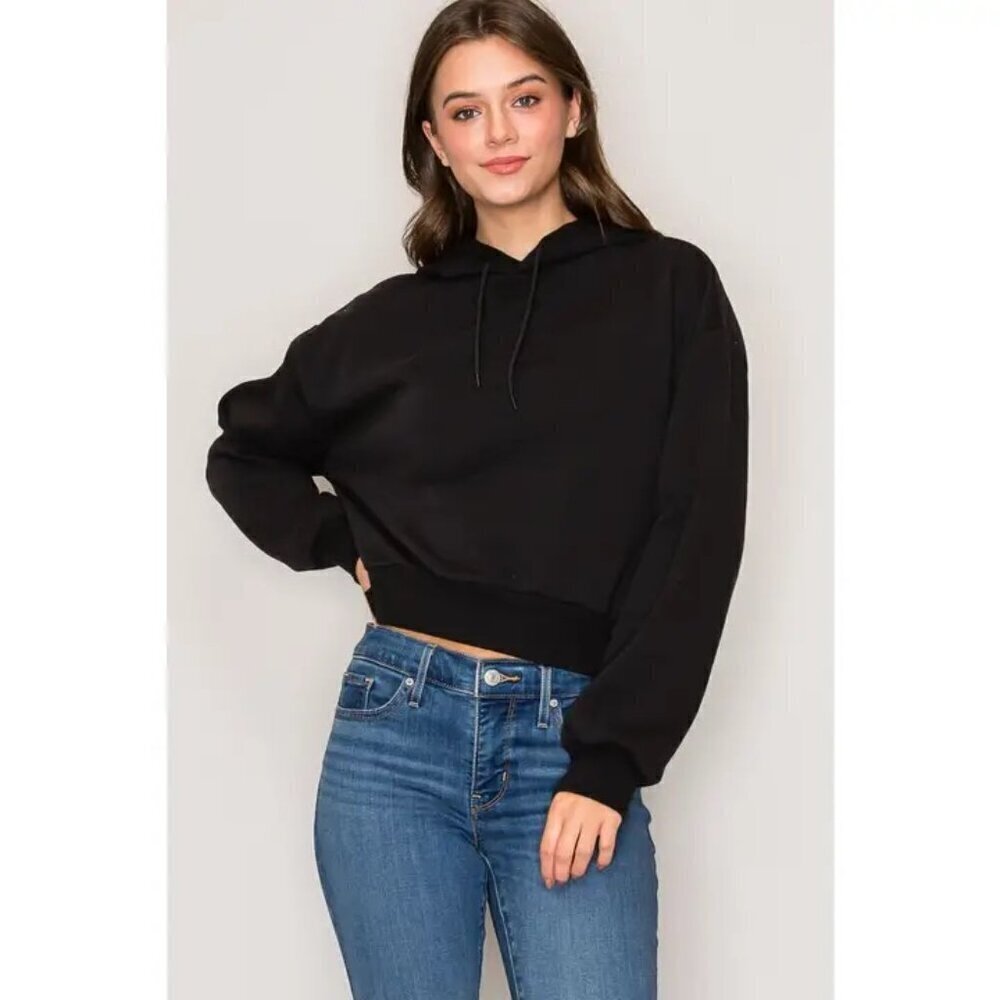 Hyfve Women's Waffle Knit Hooded Cropped Sweatshirt Black Large